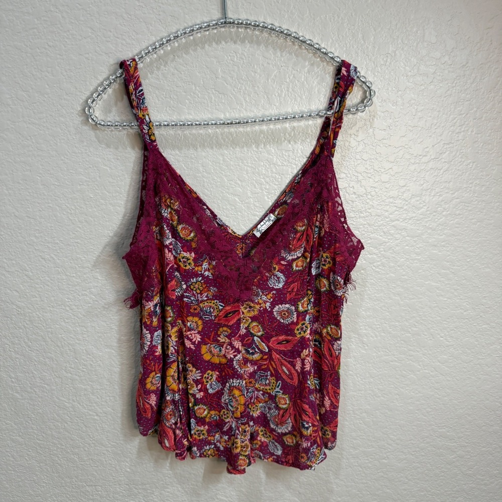 Intimately Free People Floral Lace Trim Swing Cami Tank Top Burgundy Boho Small
